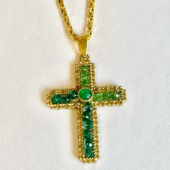 Vintage Gold Bead Cross Pendant Necklace Green Hand Beaded Plated 22" Christian - Picture 5 of 11